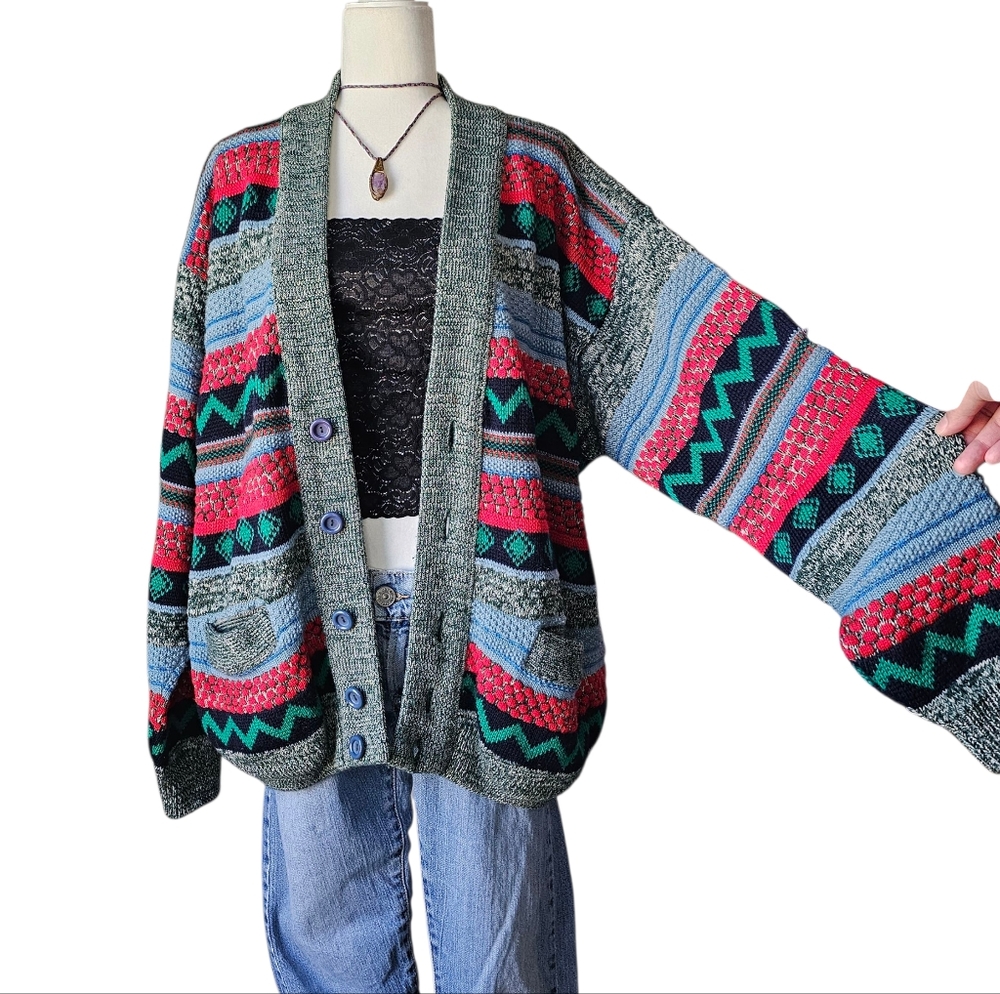 Vintage Coogi Australia Multi-Color 3D Knit Wool Cardigan Sweater - Large
